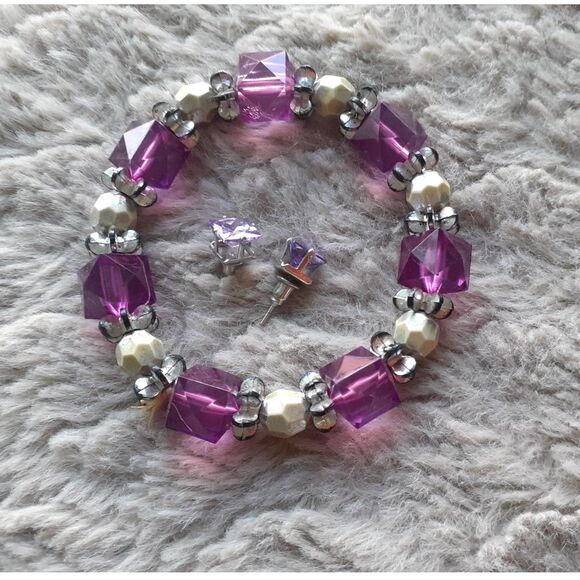 Womens Handcrafted  Purple Crystal Silver Beads Bracelet & Stud Earrings Set - Picture 6 of 10